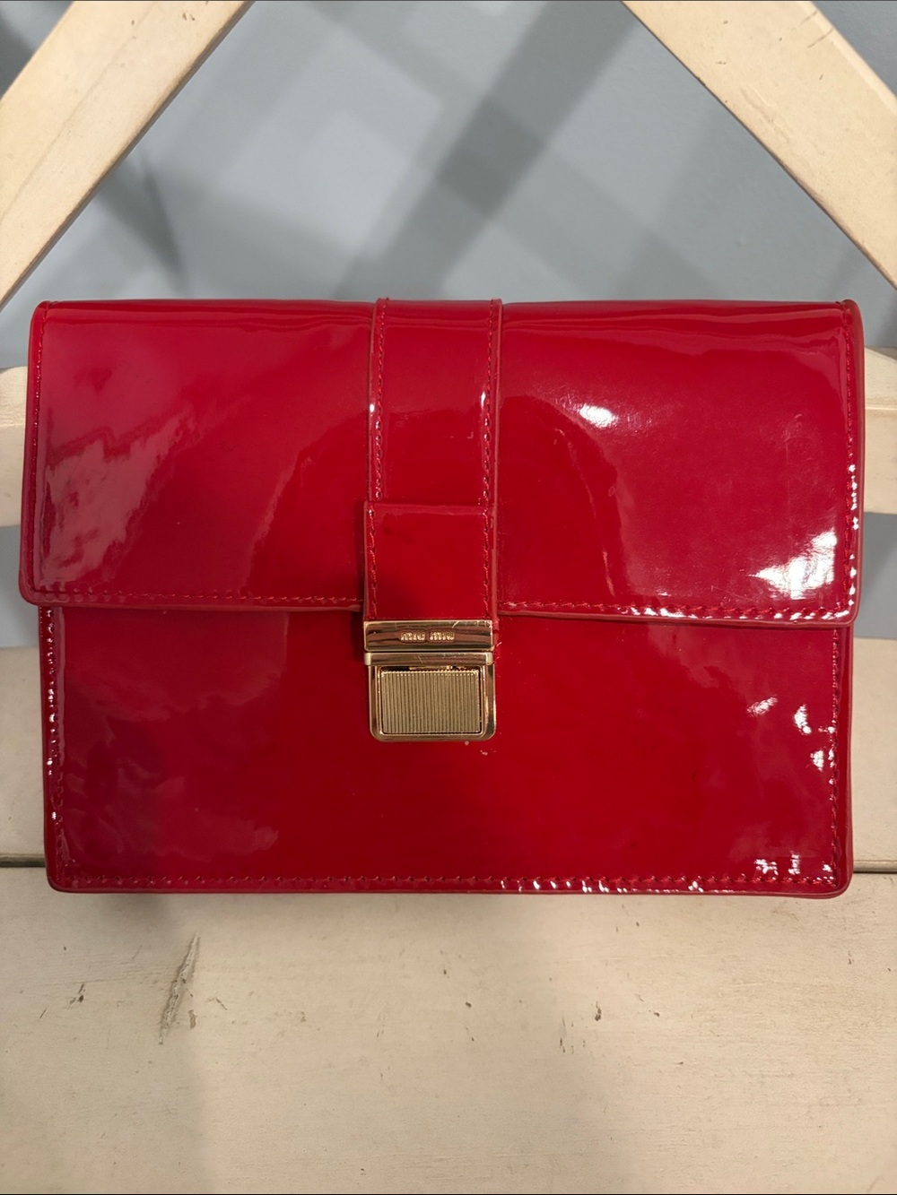 Miu Miu PARFUMS Red Patent Leather Clutch with Gold Hardware